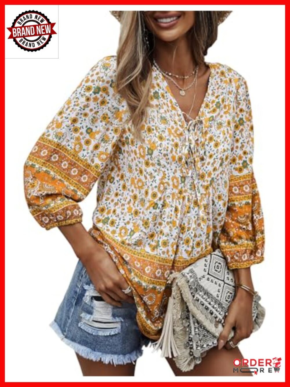 Women's Boho V Neck Top Long Sleeve Floral Print Loose Fit Tunics